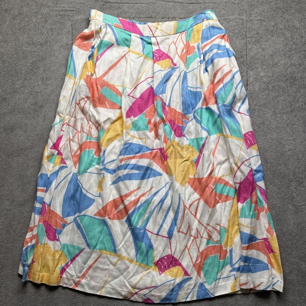 Vtg 80s‎ Truly Yours Skirt L Multi Color Maxi Pockets Flax Blend Pleated Artsy